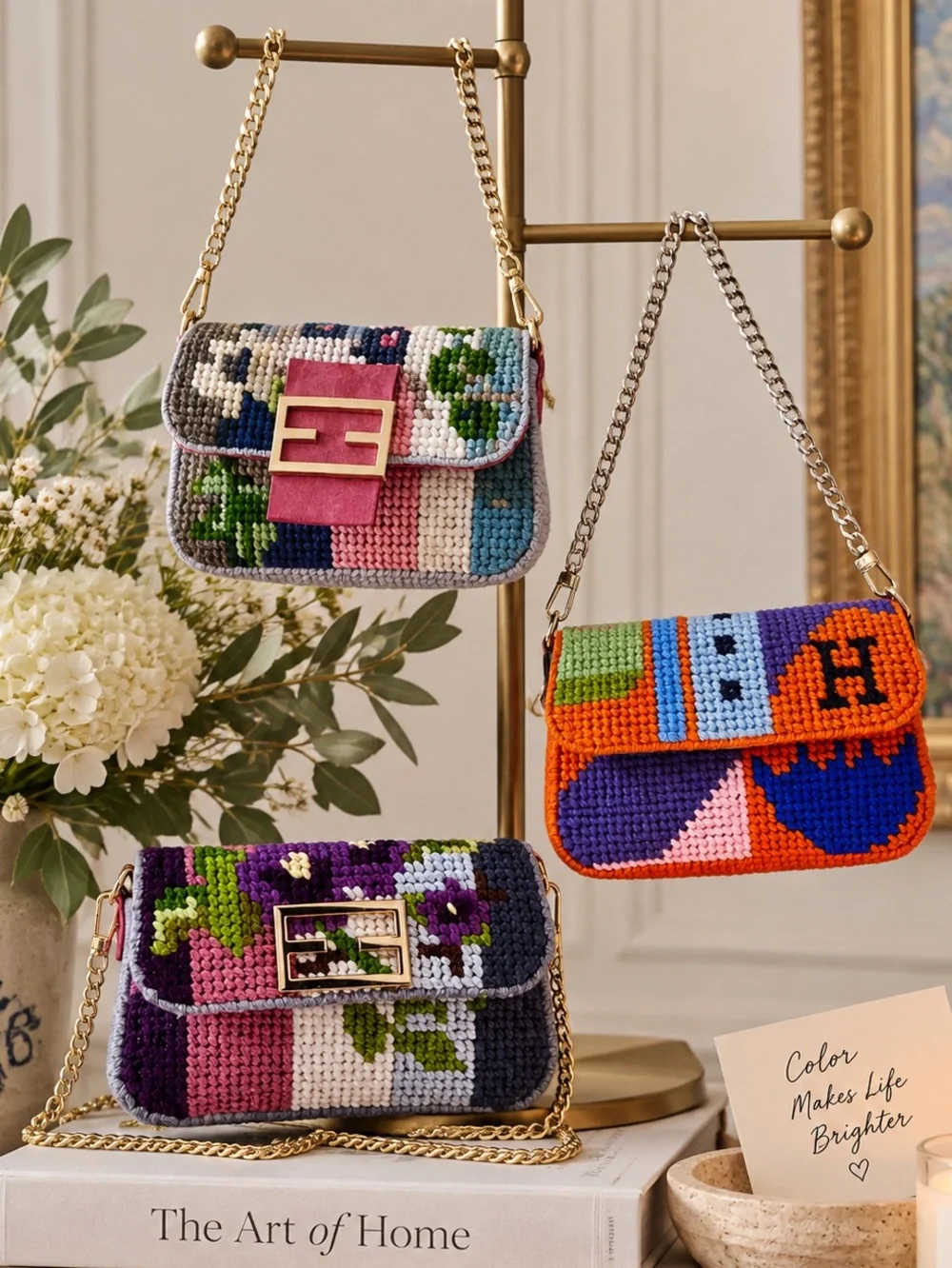Needlepoint Mini Baguette Bag Equestrian Theme Clutch with Silver Chain Strap